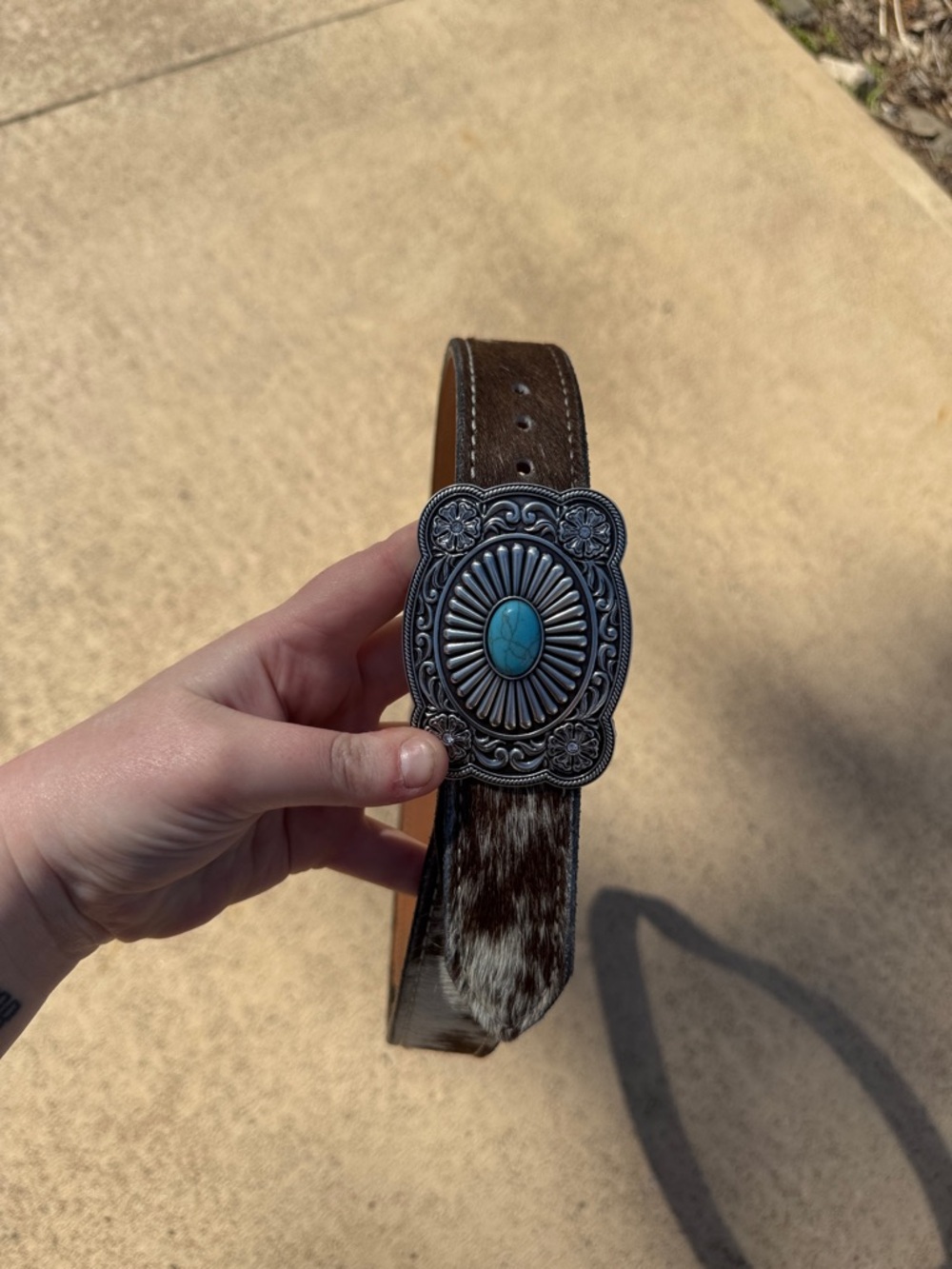 Brown Hair-On Leather Western Belt with Turquoise Concho